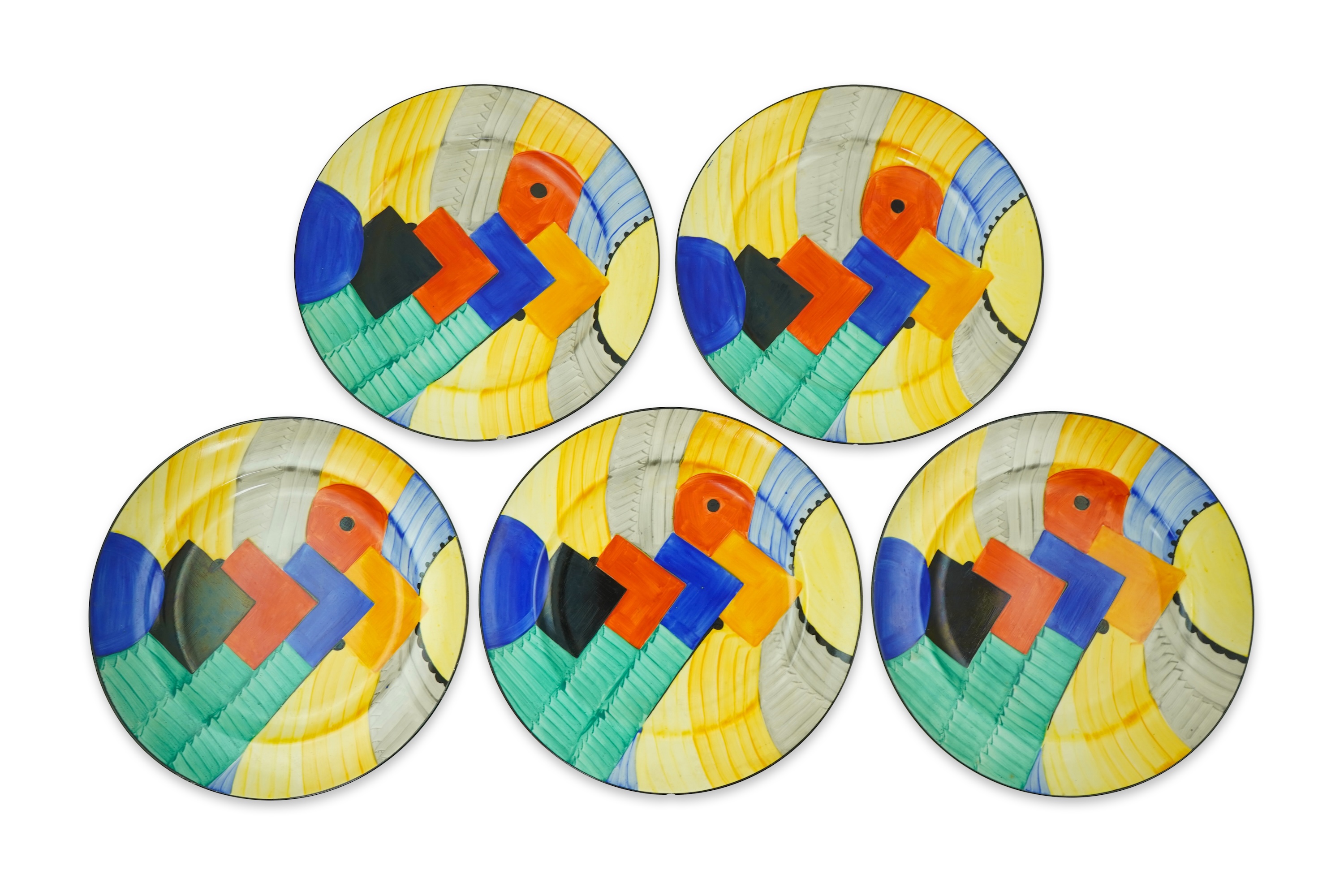 Susie Cooper OBE (1902-1995) for Gray's pottery: A set of five Cubist pattern plates